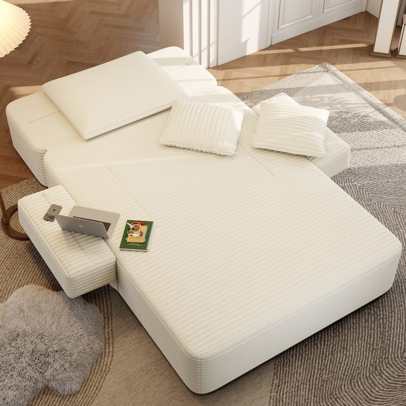 Luxurious Plush Corduroy Chaise Lounge Convertible Sofa Bed with Storage Pocket and Wide Armrests