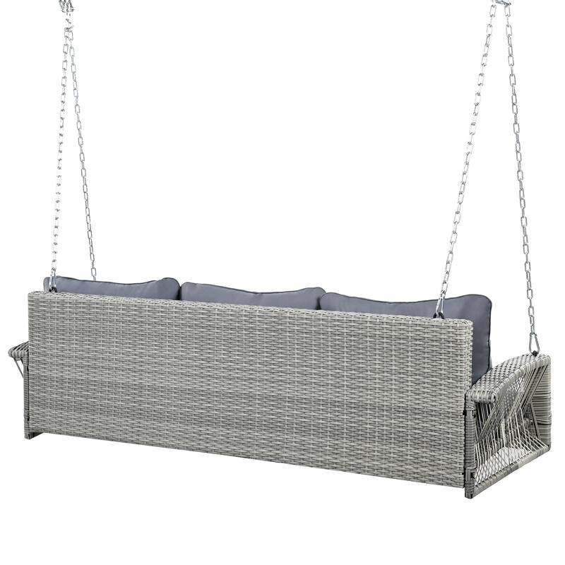 69" PE Wicker 3-Person Porch Swing with Chains and Cushions