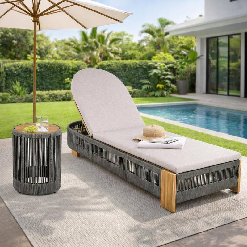 Outdoor Chaise Lounge w/Adjustable Backrest and Waterproof Cushion, Acacia Wood Pool Chair - Teak+Grey 1chair+1 side table