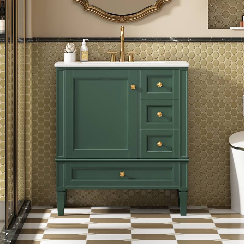 GDFStudio - Melshire Modern Freestanding Bathroom Vanity with Ceramic Sink and 3 Drawer Storage, Ideal for Home - 30'W