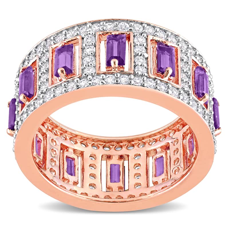 Miadora African Amethyst and White Topaz Eternity Ring in Rose Plated Sterling Silver