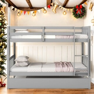 Solid Wood Twin Over Twin Bunk Beds with Trundle,Safety Rail and Ladder,Kids Bed Design