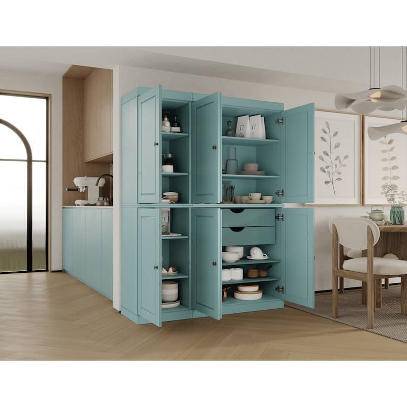 Palace Imports 100% Solid Wood China Pantry with Glass or Solid Wood Doors and 2-Drawers - 48.5" x 71.5" - Aqua - Solid