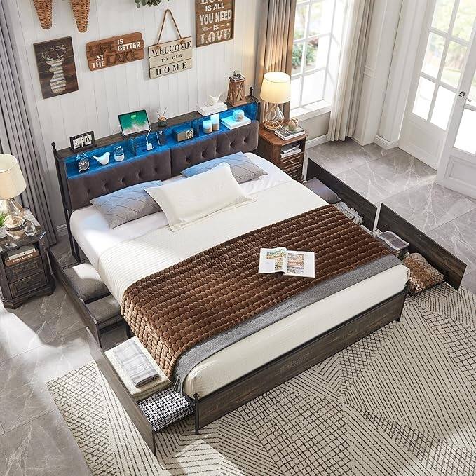 Queen Size Bed Frame with LED Lights, Charging Station and 4 Drawers