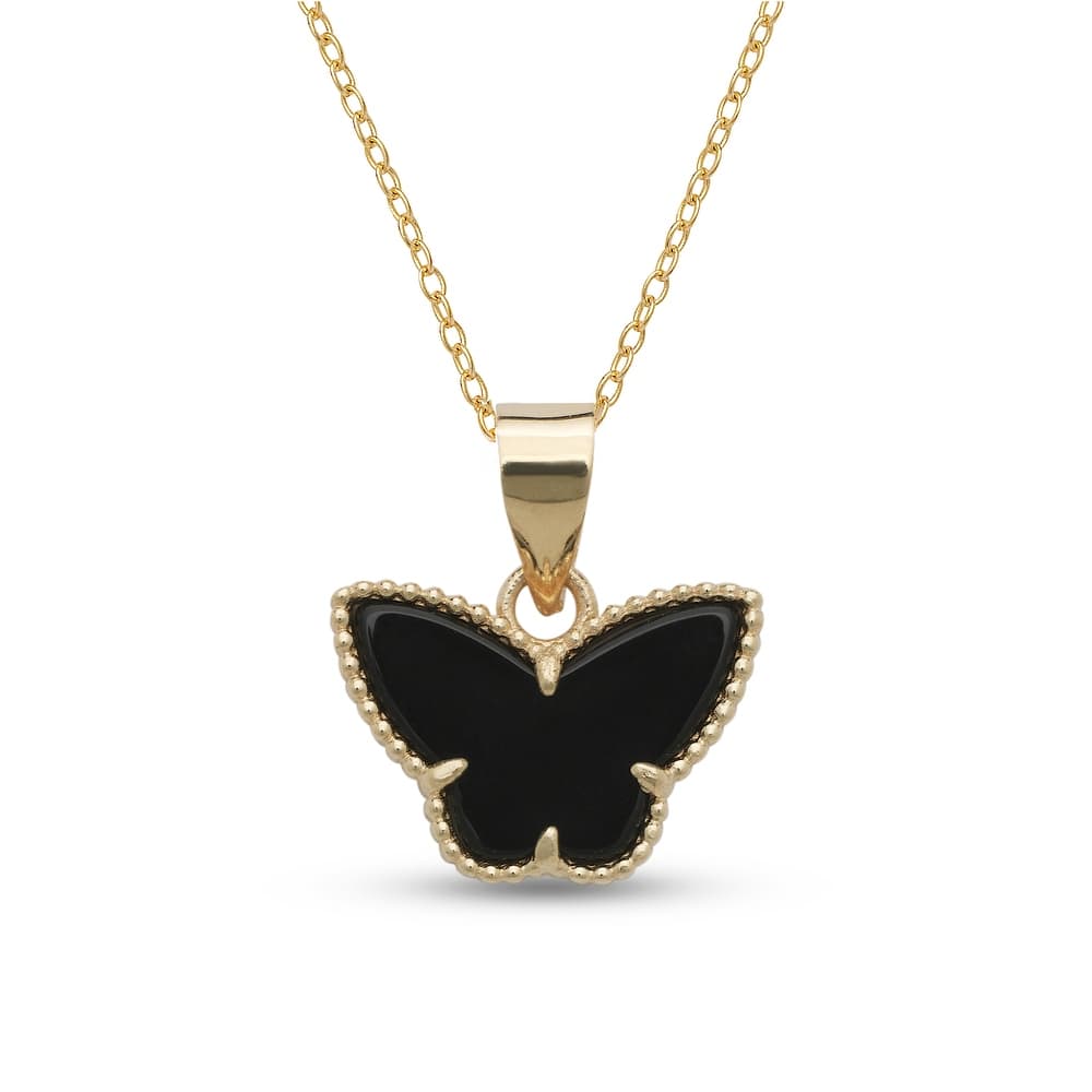 Curata 14k Yellow Gold 18" Black Onyx, White Pearl or Green Jade Butterfly Clover Pendant Necklace (15mm x 18mm)