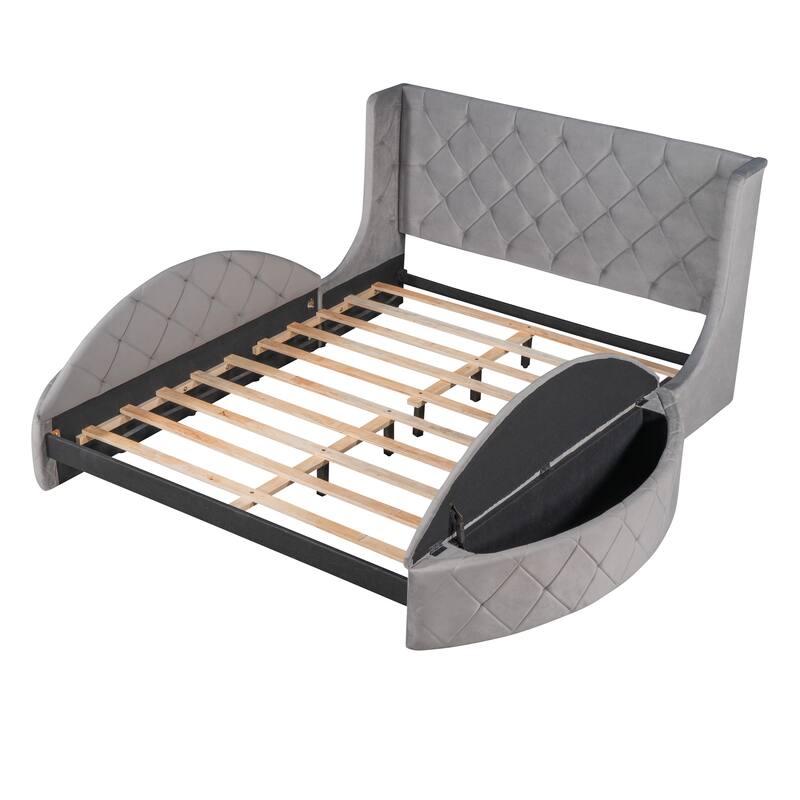 Queen Size Velvet Upholstered Platform Bed with Wingback Headboard, Storage Drawer, and Side Stools