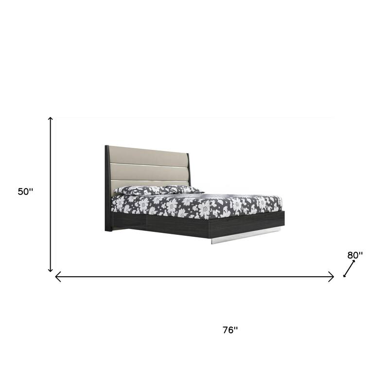 HomeRoots King Dark Grey High Gloss Bed Frame with Faux Leather Headboard