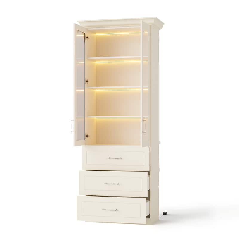 Modular Bookcase with LED Lights, Glass Door Storage Cabinet with Drawers, Large Display Shelving Unit Sideboard