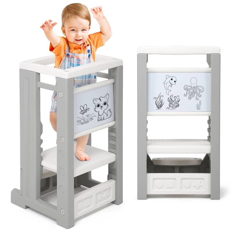 Toddler Tower with Dry Erase Whitebaord Height Adjustable Step Stool - Grey