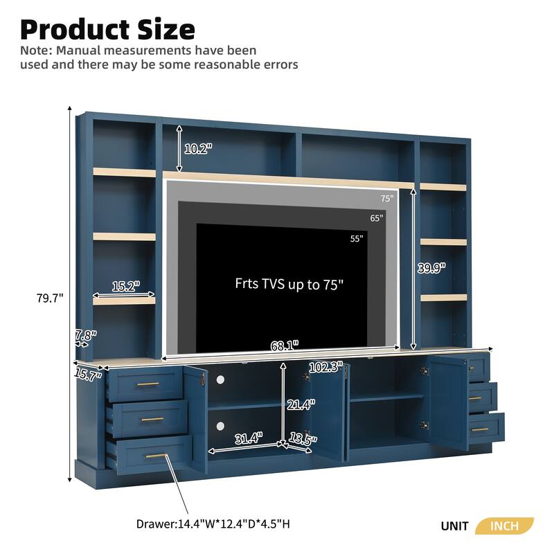 102.3"W Farmhouse 4-Piece Entertainment Center Wall Unit with Adjustable Shelf, TV Stand with Bookshelves for TVs Up to 75"