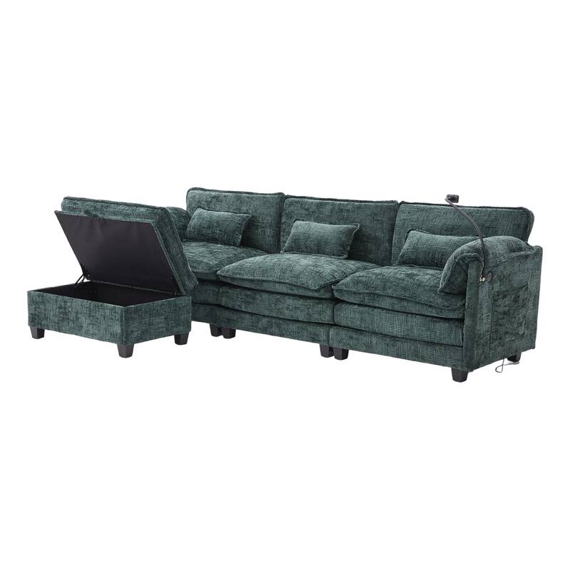 Modern Chenille Chaise Couch L-shaped Sectional Sofa with Storage Ottoman, Phone Holder, USB/Type-C Ports and Side Pockets