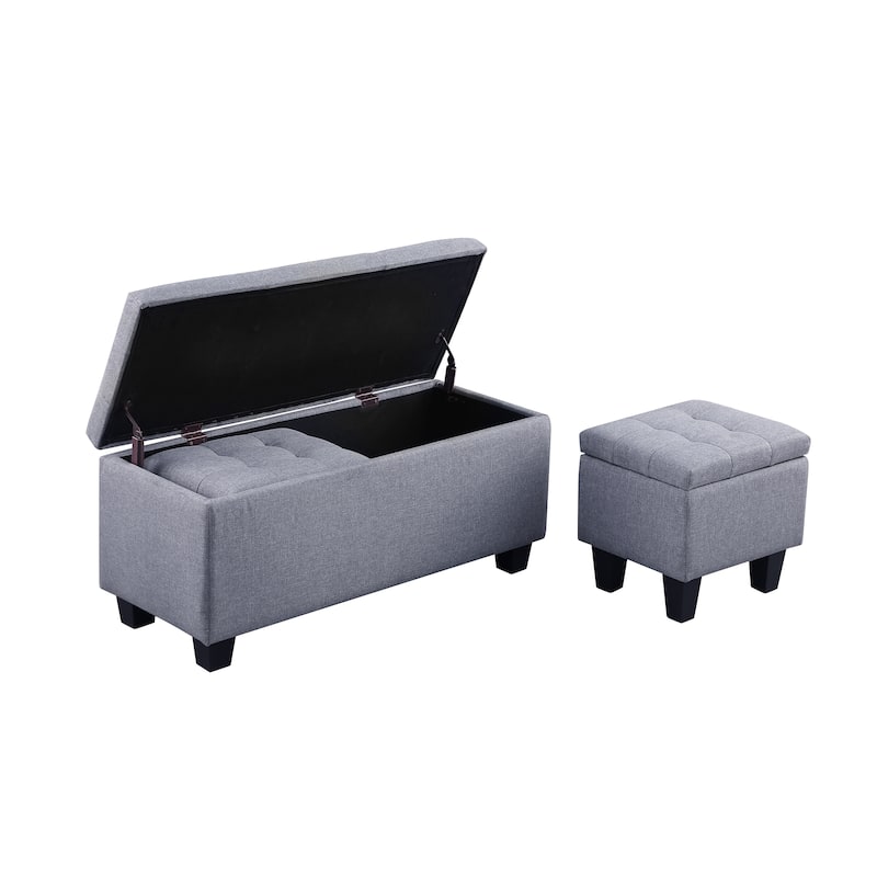Tufted Fabric Storage Ottoman Bench, Ottoman Linen Bench - Set of 3