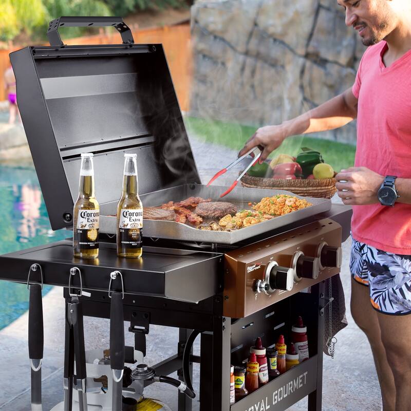 Royal Gourmet 3-Burner Gas Griddle with Hood and Side Shelves