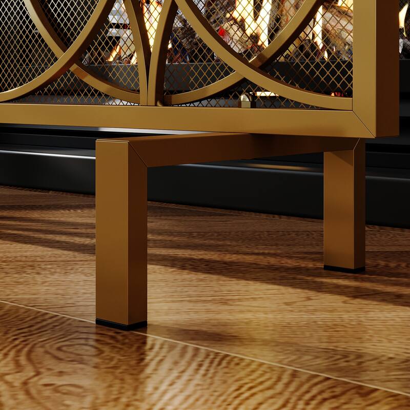 Gold Metal Fireplace Screen, Decorative Single Panel Fire Screen with Geometric Design, Mesh Spark Guard