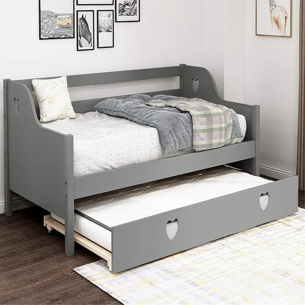 Stuepige våben dok Twin Size Daybed with Trundle Wood Platform Bed Frame Futon Bed Bedroom  Furniture for Kids (Grey) - - 31440146
