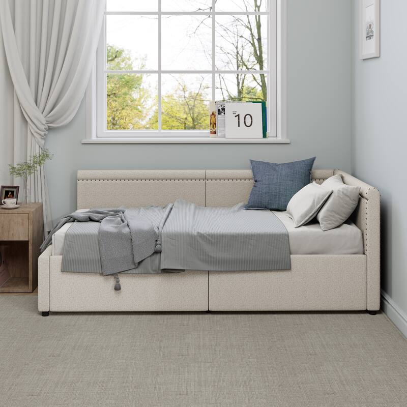 L Shape Corner Bed, Linen Upholstered Daybed with Two Storage Drawers