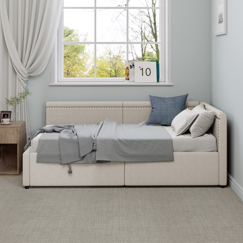 Roomfitters Twin Size L-Shaped Upholstered Corner Daybed with Two Storage Drawers, Modern Linen Fabric Bed Frame