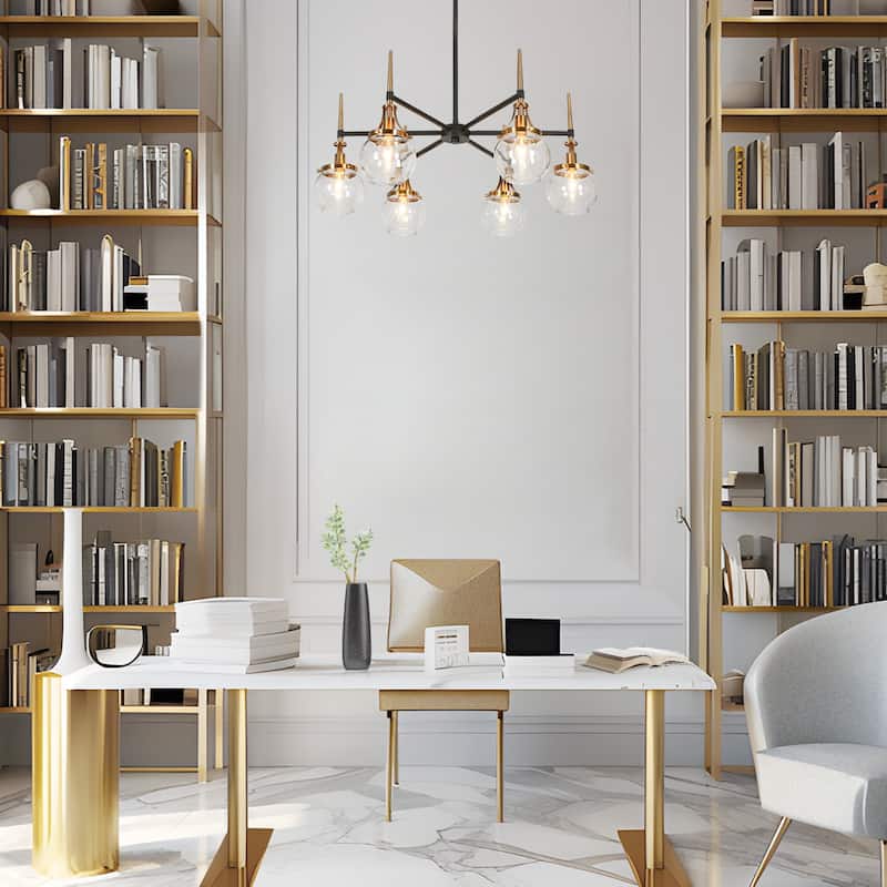 Beta Modern 6-Light Glass Wheel Chandelier Black Gold Pendant for Dining Living Room - 27.6"L x 4.9"W x 12.6"H
