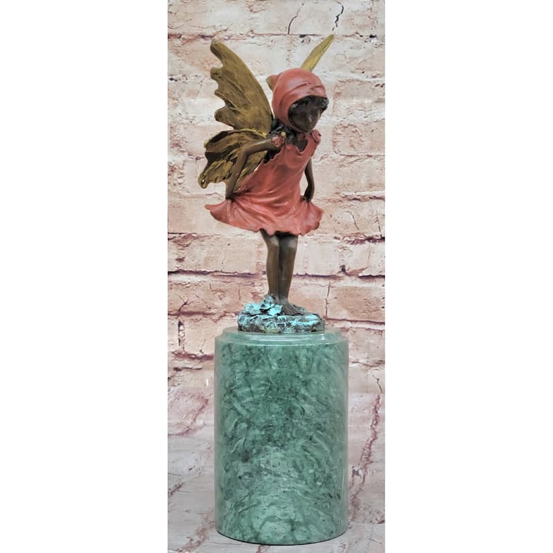 Bronze Metal Figure Of Young Fairy Angel Winged Girl On Green Marble Base