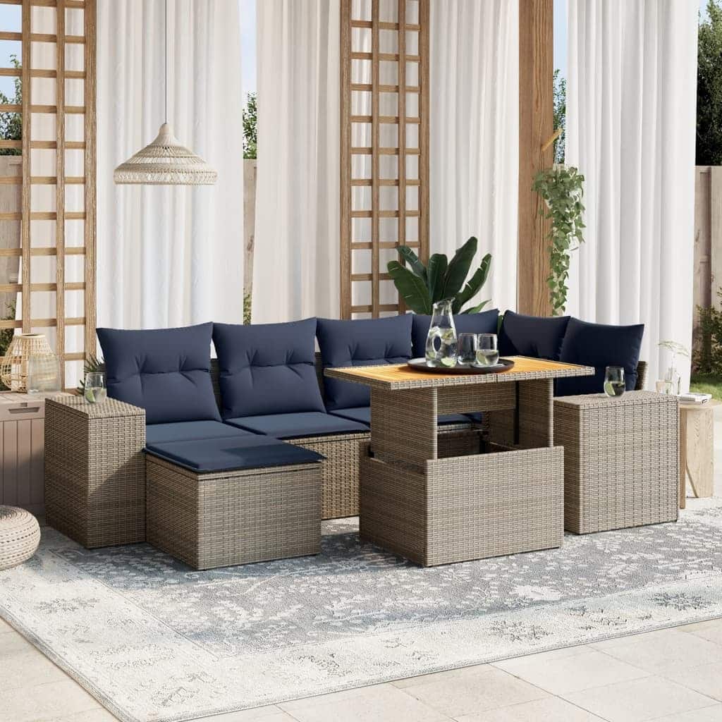 vidaXL Patio Sofa Set with Cushions Outdoor Furniture 7 Piece Poly Rattan - 24.4 x 24.4 x 27.2