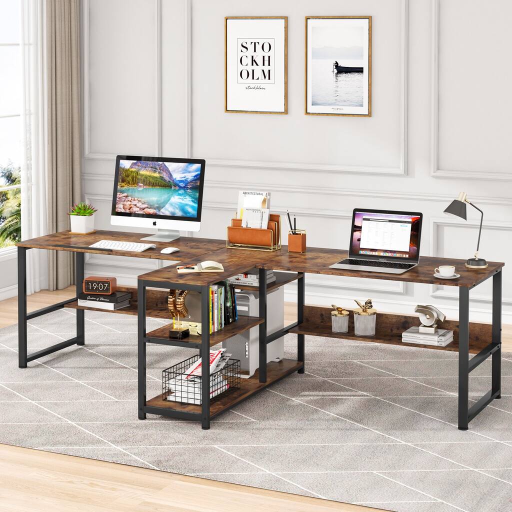 Two Person Computer Desk with Storage, Double Desk Workstation, Long Desk