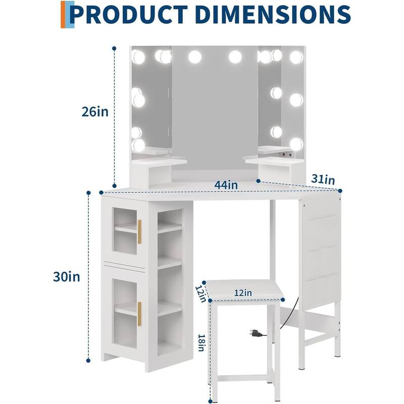 Corner Vanity Desk and Stool, Makeup Dressing Table Set with Light Bulbs Mirror