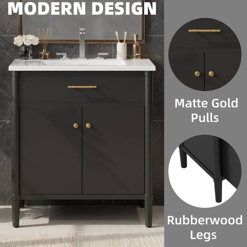 31 Inch Bathroom Vanity with Sink Soft Close Doors Adjustable Shelf Rubber Wood Legs, Curved Profile Design