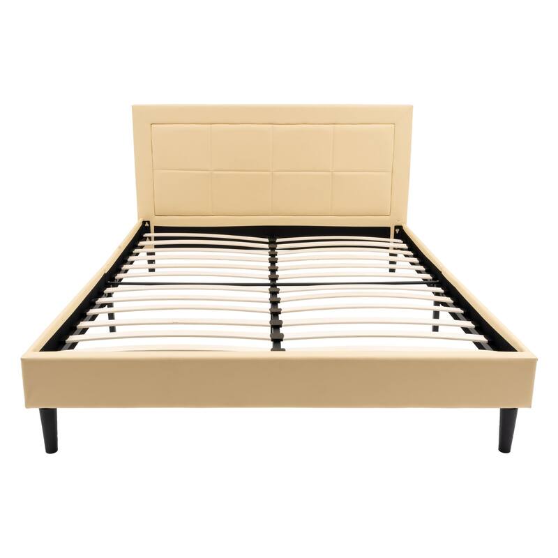 Queen Size Wood Slat Bed Frame with PU Leather Headboard