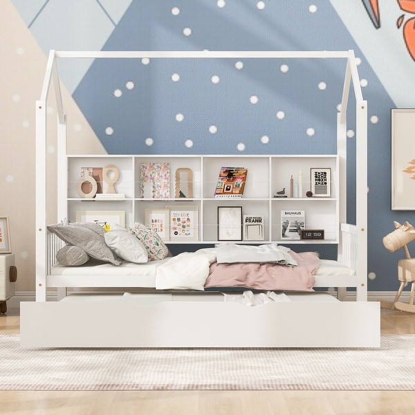 slide 2 of 56, Wooden Twin Size House Bed with Trundle,Kids Bed with Shelf White-twin - Twin