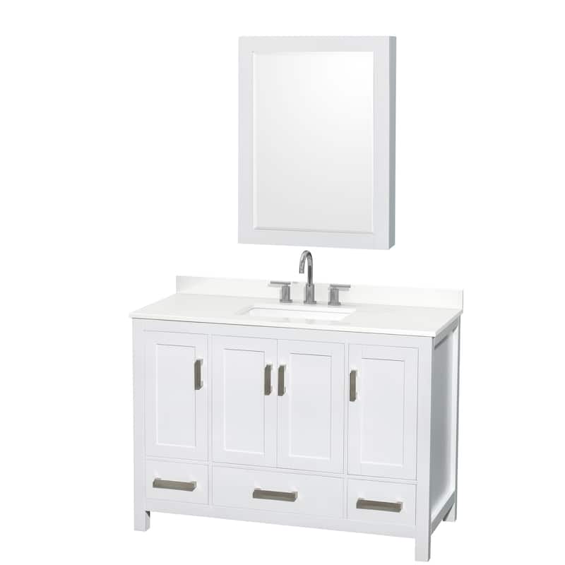 Sheffield 48-inch Single Vanity, 3 Hole Quartz Top, Med Cabinet - White, Chrome Trim, White Quartz Top