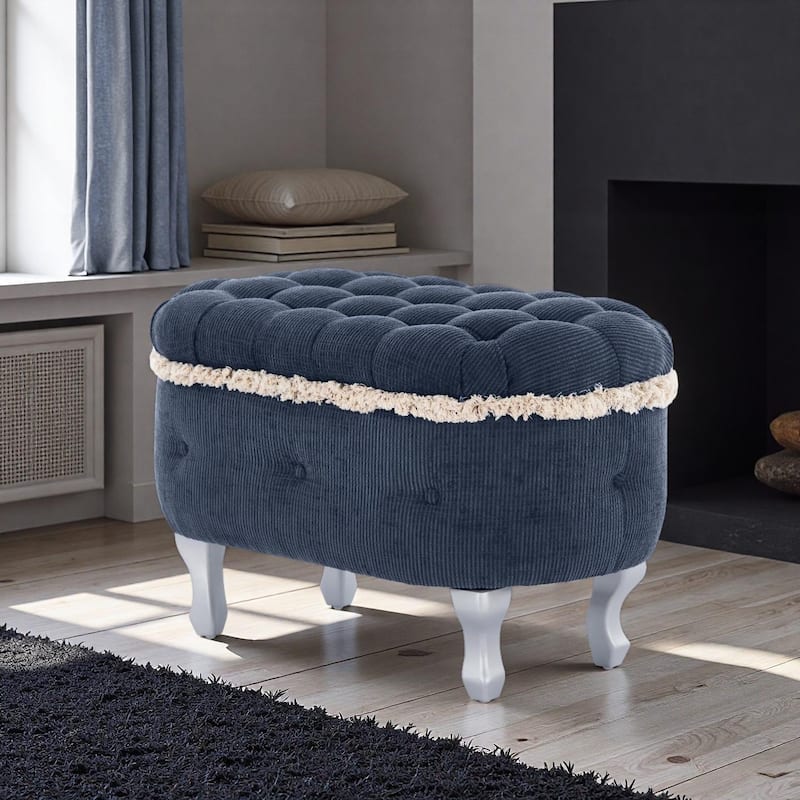 Roomfitters Upholstered Storage Bench with Button Tufted Top, End of Bed Bench with Fringe and Curved Legs - Blue