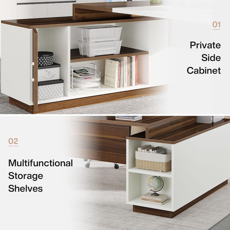 70.5" L-Shaped Executive Office Desk with Storage Cabinet & Shelves, Walnut & White