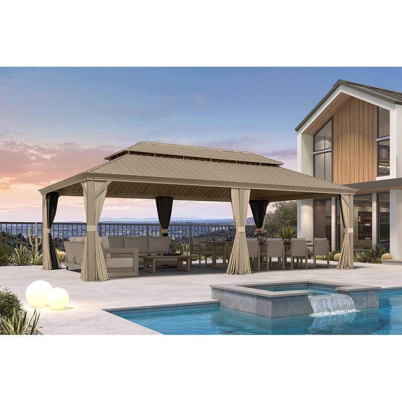PURPLE LEAF Outdoor Hardtop Gazebo Pro Champagne Metal Frame Galvanized Steel Double Roof with Curtains and Netting for Poolside - 14' x 24' - Champagne Pro