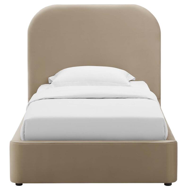 Hillsway Modern Curved Headboard Taupe Velvet Upholstered Twin Size Platform Bed
