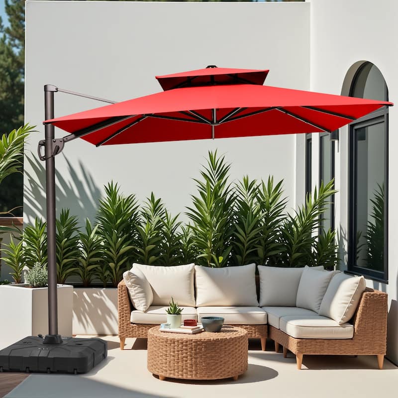 11 x 9 ft Outdoor Rectangular Patio Offset Cantilever Umbrella with 360-degree Rotation and 6 Shade Angles - Red - with Base