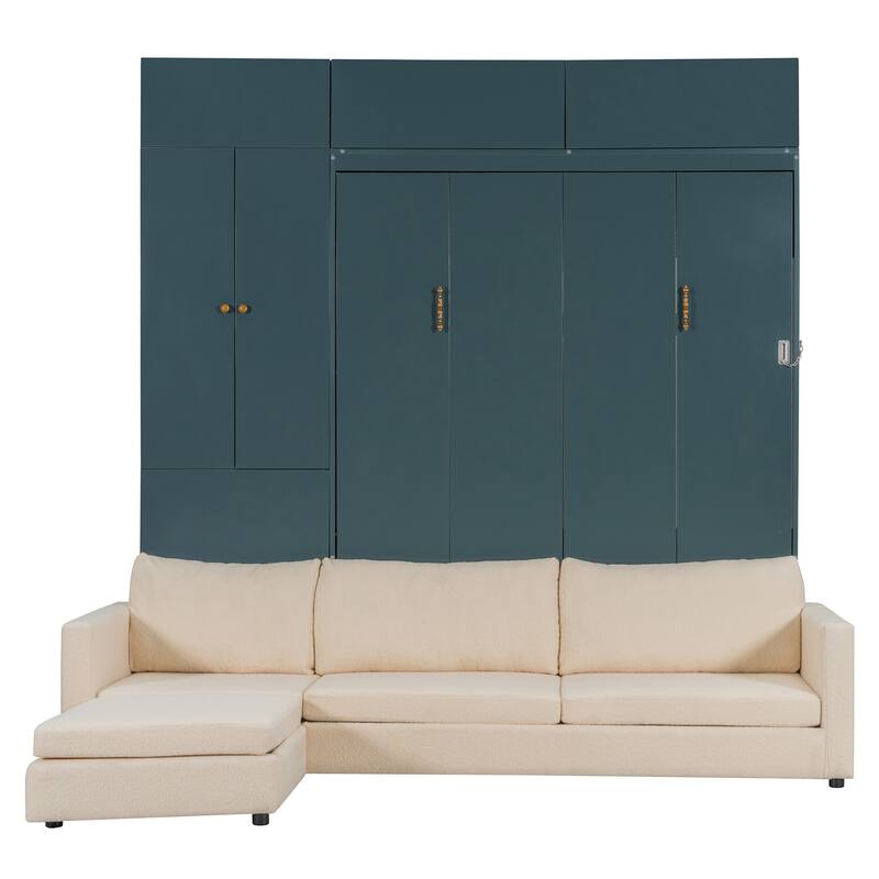 Versatile Queen Size Murphy Bed Wooden Folding Bed Frame integrated with L-shaped Chaise Sectional Sofa and Storage Cabinets