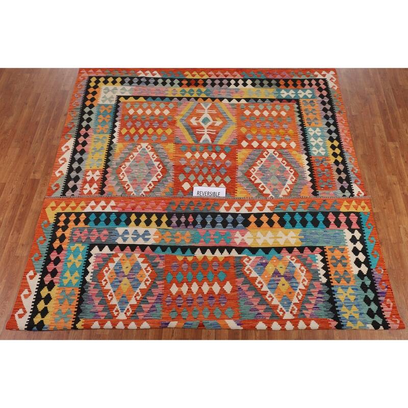 Geometric Kilim Oriental Area Rug Flatweave Orange Wool Carpet - 8'0" x 11'5"