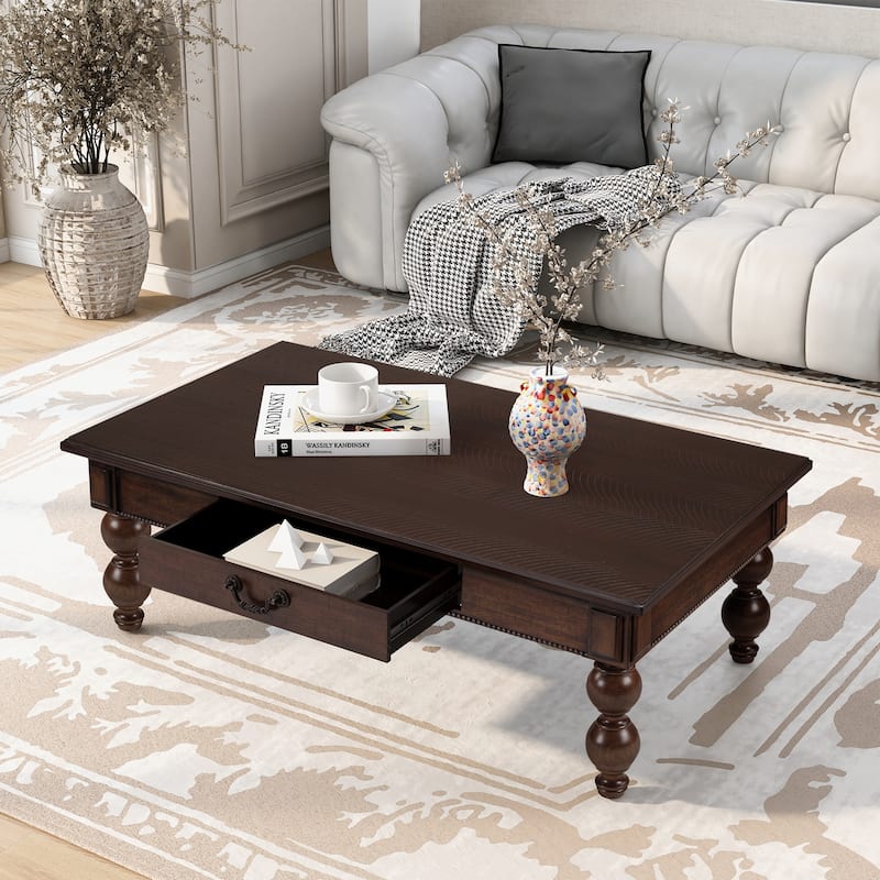 Vintage Cocktail Table Rectangular Wooden Coffee Table with Storage Drawer, Gourd-Shaped Legs and Zinc Alloy Handle