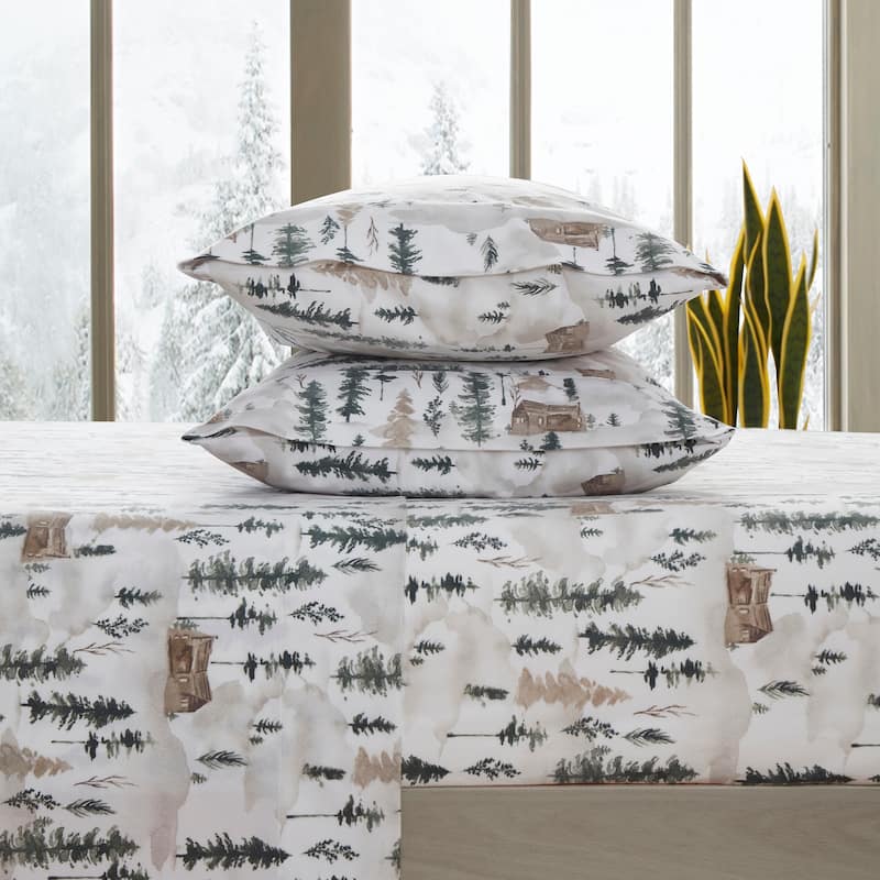 Sweet Home Collection Winter Cabin Printed Extra Deep Pocket Flannel Sheet Set