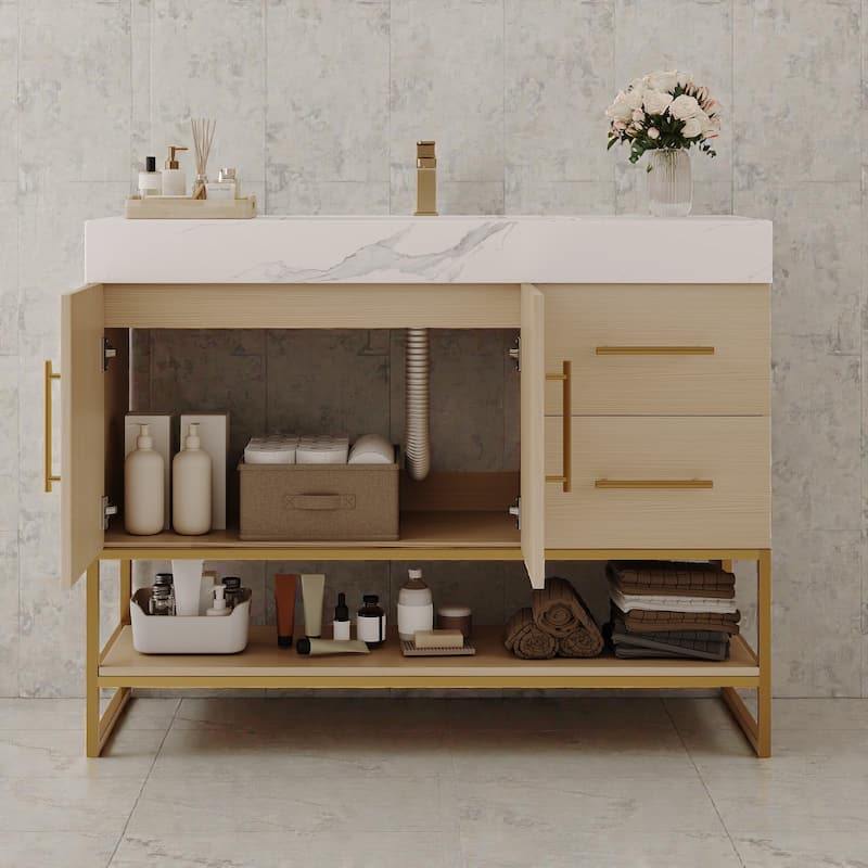 36 Inch Modern Bathroom Vanity with Seamless Ceramic Sink, Freestanding Cabinet with Gold Accents and Storage