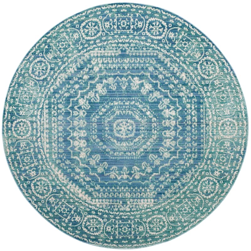 SAFAVIEH Valencia Burcu Distressed Vintage Boho Oriental Polyester Rug - 6'7" Round - Blue/Multi