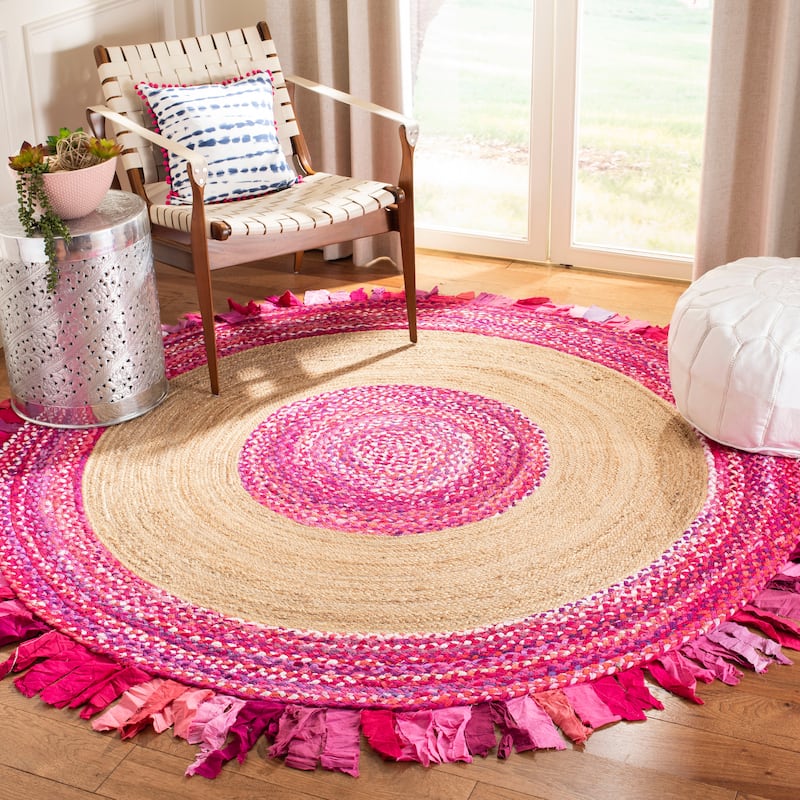 SAFAVIEH Handmade Cape Cod Wobke Jute Rug with Fringe - 5' Round - Pink/Natural