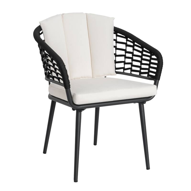 Outdoor 7-Piece Rope and Aluminum Dining Set with Beige Cushions, Black and Beige