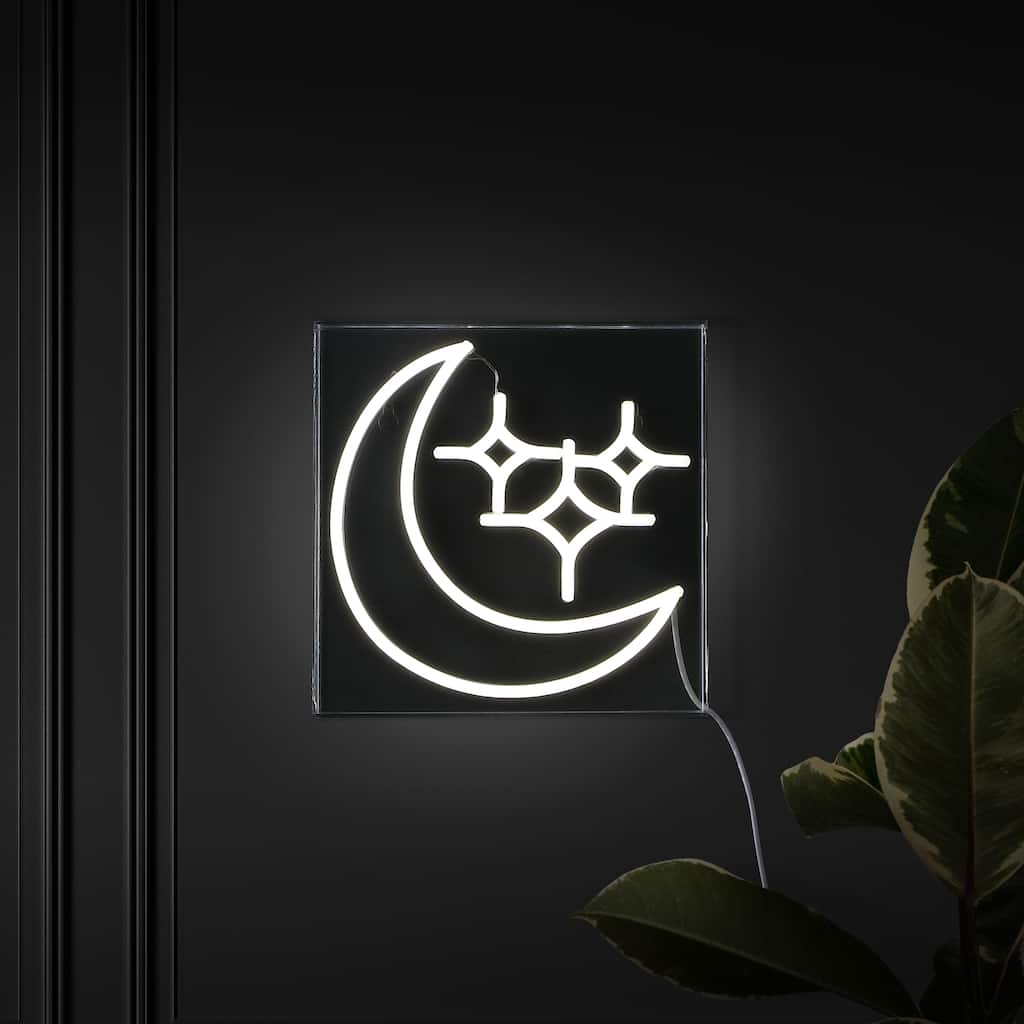 Starry Crescent 10" Square Contemporary Glam Acrylic Box USB Operated LED Neon Light, White by JONATHAN Y