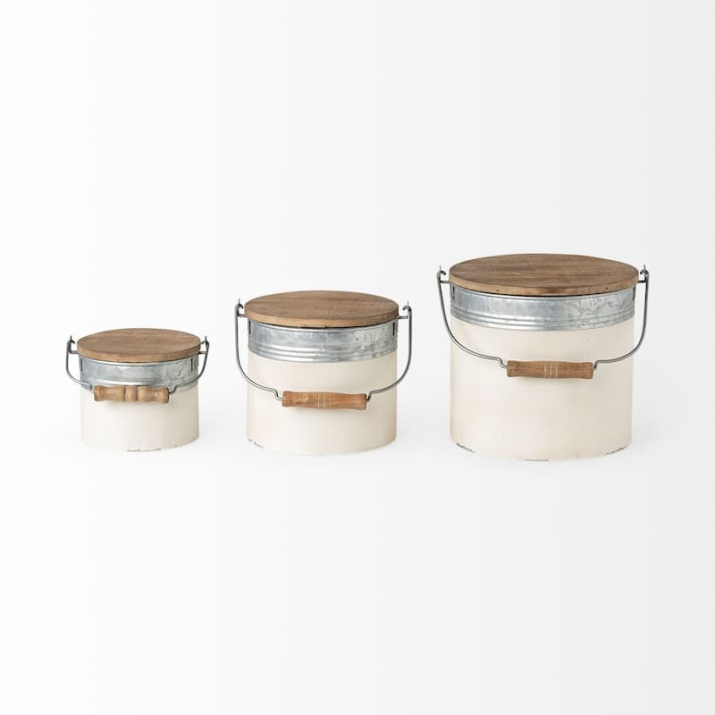 Set of Three Rustic White Metal Storage Cans - 7"W x 8"D x 13"H