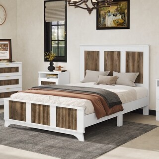 Farmhouse Platform Full Size Bed, Modern Wooden Bed with Wooden Strip Decoration, Plywood Slats Support, White
