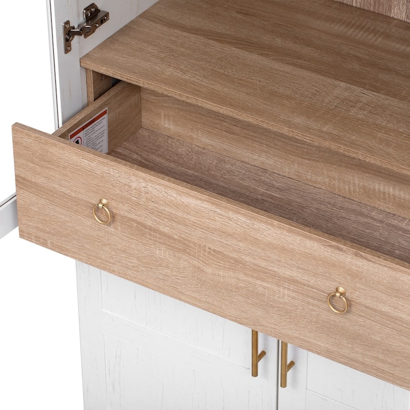 71" Tall Arched Pantry Cabinet with Shelves, Hidden Drawer and Glass Door