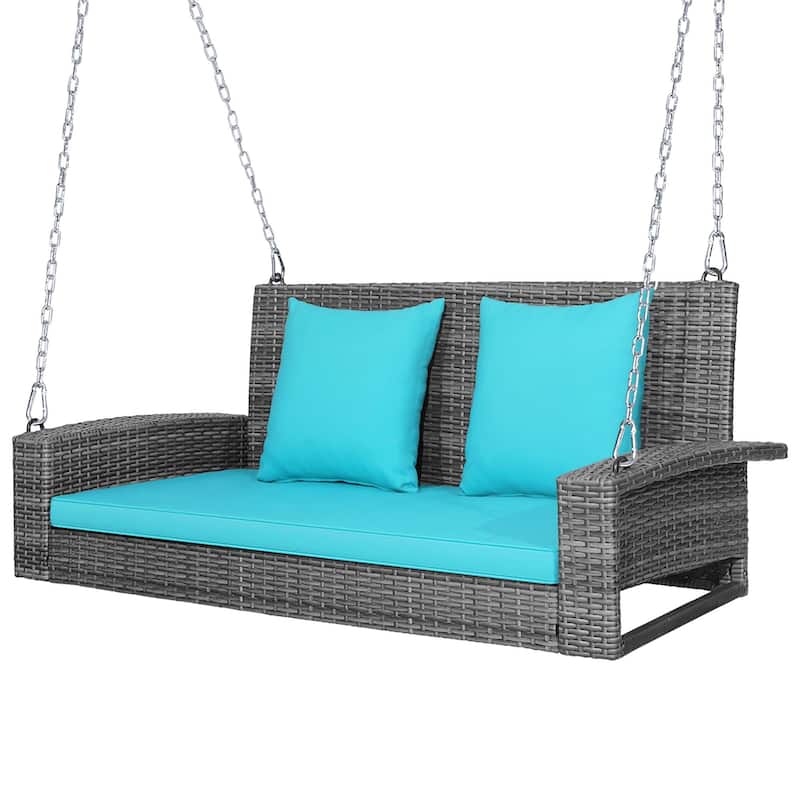 2 Person Wicker Hanging Porch Swing Outdoor Rattan Swing with Cushions - Turquoise