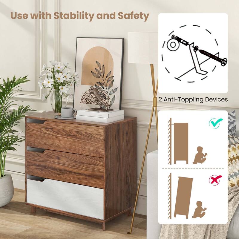 Costway 3-Drawer Dresser Farmhouse Wooden Sofa Beside Table Storage