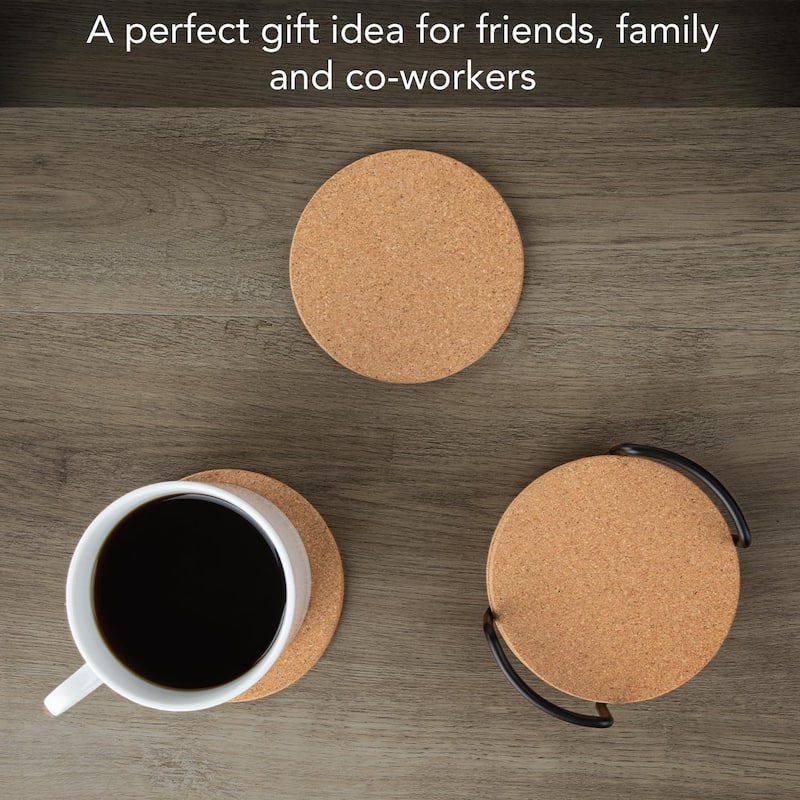 Set of 6 Thick Cork Coasters in Attractive Black Coaster Holder 4.7" Round Durable Absorbent Easily Wipes Clean